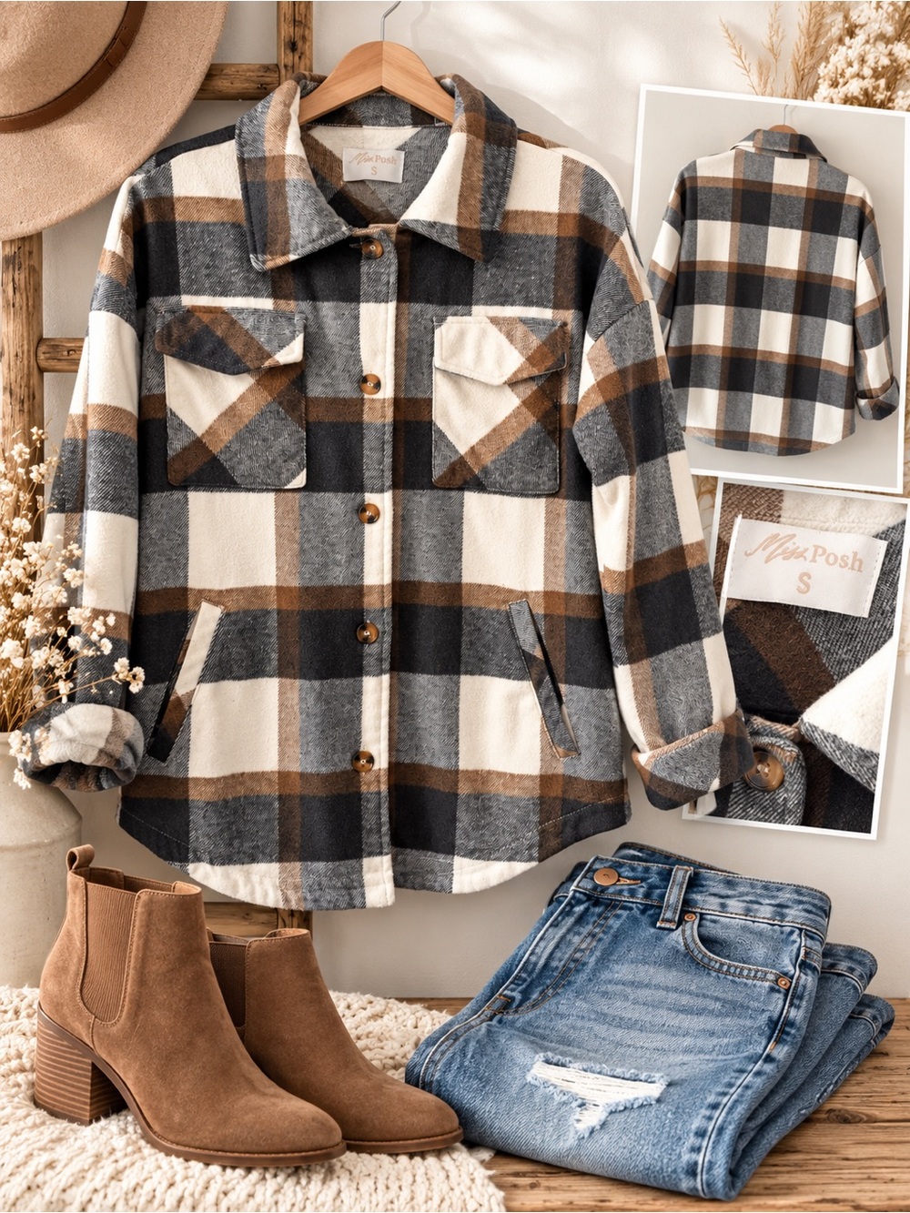 Miss Posh Plaid Shacket Jacket Women’s Small Gray Brown Cream Button Front